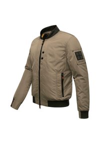 Giacca bomber beige con zip e bottoni a pressione. Caratterizzata da polsini e colletto a costine neri, tasche laterali e una toppa con logo sulla manica.