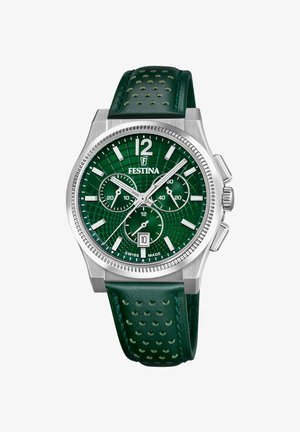 Montre chronographe verte avec un boîtier en acier inoxydable, un cadran vert texturé, des index blancs et un bracelet en cuir perforé vert.