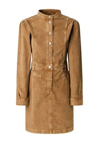 Vestito in corduroy marrone con colletto alla cinese, bottoni frontali e maniche lunghe. Presenta una vita arricciata e due tasche frontali.