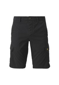 Pantaloni cargo neri realizzati in tessuto dalla superficie liscia. Presentano tasche laterali e un piccolo logo giallo. Design classico.