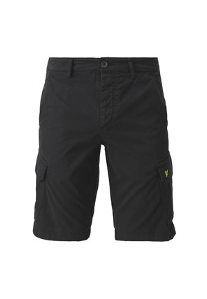 Pantaloni cargo neri realizzati in tessuto dalla superficie liscia. Presentano tasche laterali e un piccolo logo giallo. Design classico.