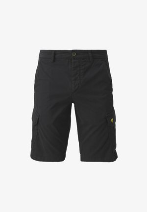Pantaloni cargo neri realizzati in tessuto dalla superficie liscia. Presentano tasche laterali e un piccolo logo giallo. Design classico.