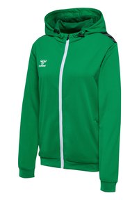 Groene rits-hoodie met een witte rits, verstelbare capuchon en textuurstof, voorzien van zwarte schouderaccenten en een logo op de borst.