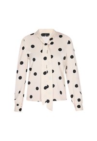 Langärmlige Bluse in Creme mit großen schwarzen Punkten. Mit einer Krawattenkragen und Knopfverschluss, versammelten Manschetten und glatter Textur.