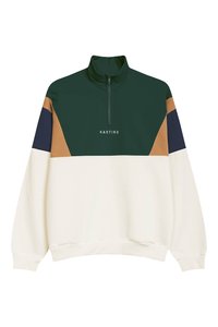 Felpa a maniche lunghe bloccata nei colori con un alto colletto, chiusura con zip a metà e una combinazione di colori verde scuro, blu navy, sabbia e crema.