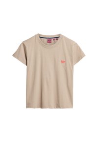 T-shirt en coton beige à manches courtes, encolure ronde et petit logo "Superdry" brodé en rose sur le côté gauche de la poitrine.