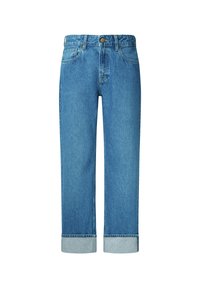 Blue denim jeans with a straight cut, featuring a button closure, two front pockets, and rolled cuffs. Smooth texture and classic design.