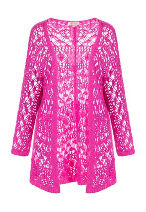 Rosa gehäkelte Strickjacke mit offenem Vorderteil, 3/4-Ärmeln und aufwendigem Spitzenmuster. Leichtes Material mit einer lockeren, entspannten Passform.