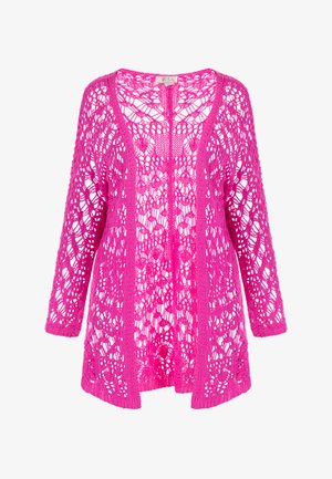 Růžový háčkovaný kardigan s otevřeným předním dílem, 3/4 rukávy a složitým krajkovým vzorem. Lehký materiál s volným, uvolněným střihem.