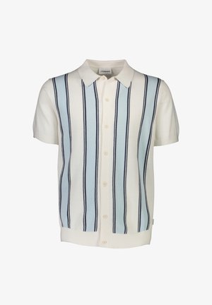 Kortærmet polo-shirt med vertikale striber i lyseblå og marineblå på en cremefarvet baggrund, med knaplukning foran og ribbet krave.