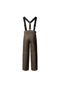 Water-resistant, olive green pants with adjustable black suspenders, wide leg, and a smooth texture. Simple, functional design without embellishments.