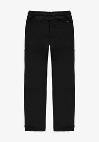 Zwarte, rekbare broek met een elastische tailleband, enkele achterzak en een gladde textuur. Recht gesneden ontwerp zonder extra patronen.