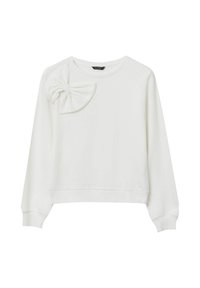 Weißer Pullover aus weichem Stoff; verfügt über ein großes Schleifendetail an der linken Schulter und lange Ärmel mit schmalen Bündchen.