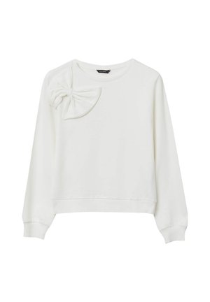 Felpa bianca realizzata in tessuto morbido; presenta un grande dettaglio a fiocco sulla spalla sinistra e maniche lunghe con polsini aderenti.