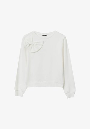 Weißer Pullover aus weichem Stoff; verfügt über ein großes Schleifendetail an der linken Schulter und lange Ärmel mit schmalen Bündchen.
