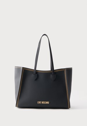 Black Love Moschino tote taske med guld syning og logo, med to lange håndtag og en struktureret rektangulær form.