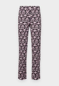 Gemusterte Hose mit floralen Motiven in Pink auf einem dunklen Hintergrund. Merkmale sind eine gerade Passform und eine glatte Stofftextur.