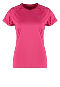 Fuchsia tränings-T-shirt med korta ärmar, lättvikts fukttransporterande tyg, raglanärmar och subtil dekorativ sömnad på axlarna.