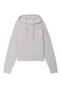 Grijze cropped hoodie van een zachte katoenmix. Heeft een capuchon met trekkoord en "Miami" geborduurd in het wit op de borst.