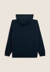 Felpa a maniche lunghe blu navy con tasca frontale, polsini a costine e cappuccio, mostrata di spalle su uno sfondo chiaro.