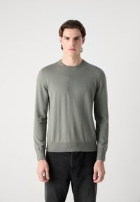 Lichtgroene trui met lange mouwen, geribbelde boorden en zoom, met een klein rechthoekig logo op de borst. Draagt bij zwarte jeans.