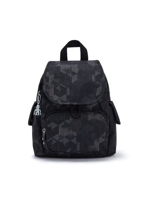 Petit sac à dos noir avec motifs géométriques, poche avant zippée, poches latérales, poignée supérieure et porte-clés singe argenté sur la fermeture éclair côté gauche.