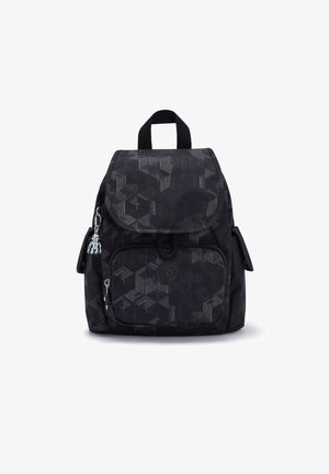 Petit sac à dos noir avec motifs géométriques, poche avant zippée, poches latérales, poignée supérieure et porte-clés singe argenté sur la fermeture éclair côté gauche.