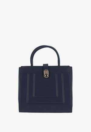 Granatowa torebka z ekoskóry o usztywnionym kształcie, wyposażona w zapięcie z złotym wykończeniem i dwa uchwyty. Przód zdobiony teksturowanymi akcentami.