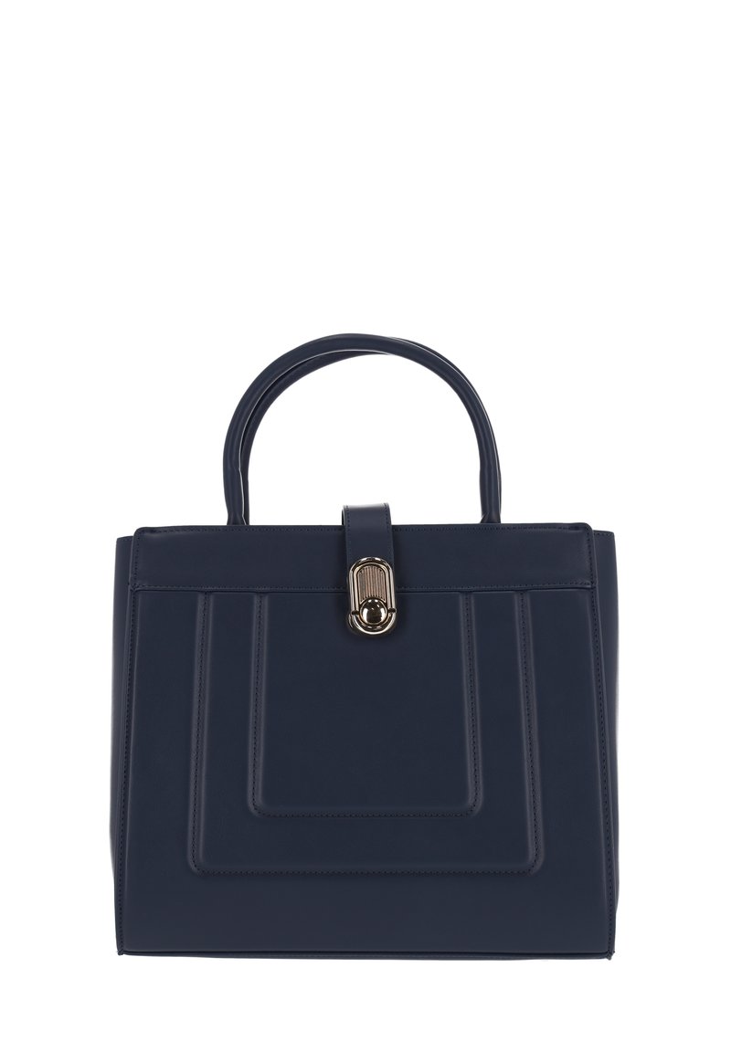 Tengerészkék műbőr kézitáska strukturált kialakítással, aranyszínű fémkapoccsal és két fogantyúval. Texturált díszítések az elején.