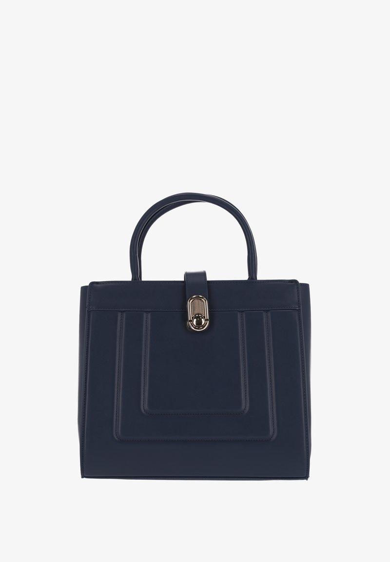 Tengerészkék műbőr kézitáska strukturált kialakítással, aranyszínű fémkapoccsal és két fogantyúval. Texturált díszítések az elején.