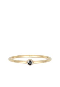 Goldring mit einem glatten, dünnen Band, das in der Mitte einen runden schwarzen Edelstein hat. Mit "375" zur Kennzeichnung der Reinheit.