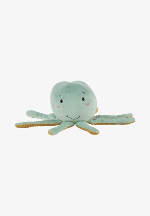 Soft plush octopus toy in light green with a smiling face and eight brown-tipped arms spread out on a white background.