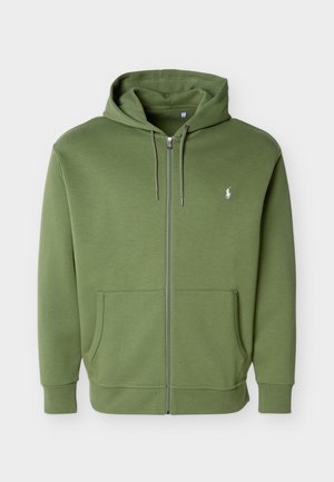 Olive green zip-up hoodie with drawstring hood, kangaroo pockets, ribbed cuffs, and small white embroidered logo on left chest.