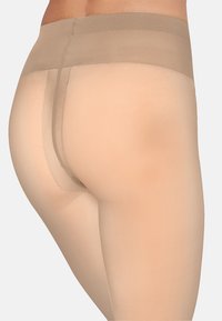 Beige, genomskinliga strumpbyxor med en slät, matt yta och ett brett midjeband. Har en sömlös baksida och förstärkt tå för hållbarhet.