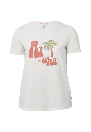 Weißes Baumwoll-T-Shirt mit kurzen Ärmeln und rundem Ausschnitt, das ein farbenfrohes "Aloha"-Grafikdesign mit Palmenmotiv in pinken und grünen Farbtönen zeigt.