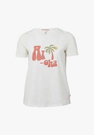 Witte katoen t-shirt met korte mouwen, ronde halslijn, met een kleurrijke "Aloha"-afbeelding en palmboomontwerp in roze en groene tinten.