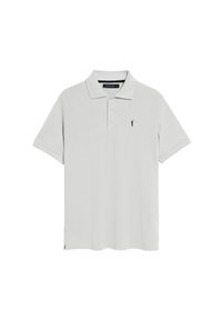 Ljusgrå pikétröja i bomullsblandning med en knäppning med tre knappar, korta ärmar och en liten marinblå logotyp på vänster bröst.