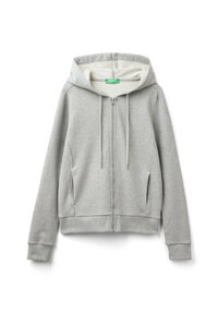 Sudadera con cremallera gris, con capucha ajustable, forro interior suave, bolsillos laterales y puños acanalados. Presenta un pequeño logotipo en la parte inferior.