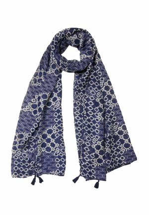 Blue and white patterned scarf with geometric shapes and small tassels at the ends, loosely looped for display.