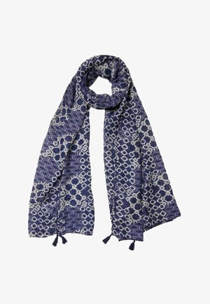 Blue and white patterned scarf with geometric shapes and small tassels at the ends, loosely looped for display.