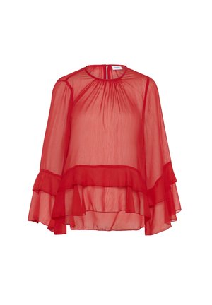 Červená priesvitná blúzka s okrúhlym výstrihom, volánovými rukávmi a viacvrstvovým dizajnom. Tkanina je ľahká a mierne priesvitná.