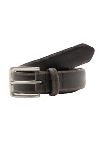 Musta nahkavyö, jossa on hopeinen suorakulmainen solki, tekstuuripinta ja ruskeat yksityiskohdat reunoilla.