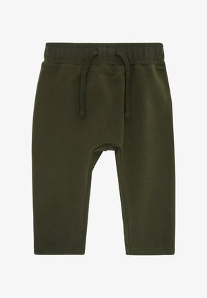 Pantalones de chándal de algodón verde con cintura elástica y cordón. El diseño cuenta con piernas rectas y detalles de costura mínimos.