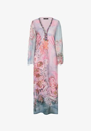 Langes Pastellrosa und blaues Blumenkleid mit Vogelmotiven, langen Ärmeln, V-Ausschnitt und Perlenverzierungen entlang des Ausschnitts.