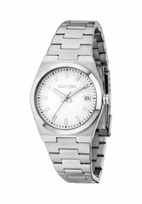 Orologio in acciaio inossidabile argentato con quadrante rotondo bianco, indici orari minimalisti e display della data, con bracciale a maglie metalliche.