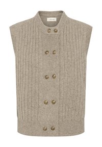Beige gestrickte ärmellose Wollpullover-Weste mit vertikaler Rippstruktur und zwei vertikalen Reihen mit sechs antiken goldenen Knöpfen auf der Vorderseite.