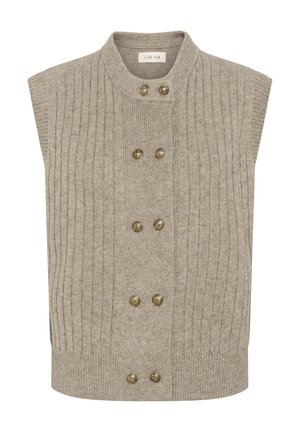 Beige knitted sleeveless wool sweater vest with vertical ribbing and two vertical rows of six antique gold buttons down the front.
