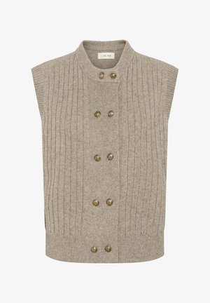 Smėlio spalvos megzta be rankovių vilnos liemenė su vertikaliomis grioveliais ir dviem vertikaliomis šešių antikvarinių auksinių mygtukų eilėmis priekyje.