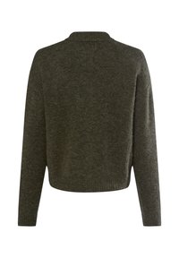 Pull en tricot vert avec un col rond, des manches longues et une coupe légèrement cropped. Présente une texture douce et un ourlet côtelé.
