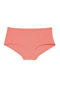 Culotte taille haute corail en tissu lisse avec un design simple. Dotée d'une ceinture élastique et d'ouvertures pour les jambes, sans motifs ni accents.